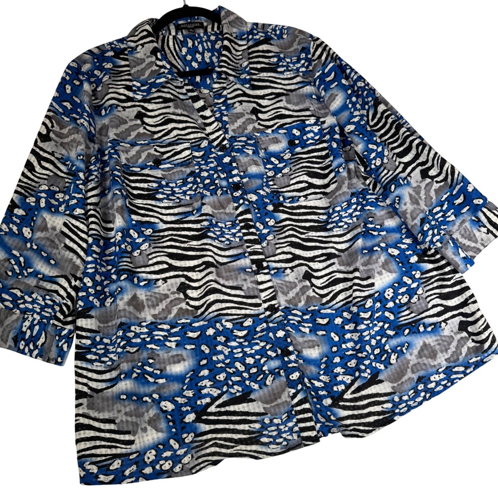 Notations Woman 3X Blue Zebra‎ Leopard Print Button Blouse Plus WPOB0218